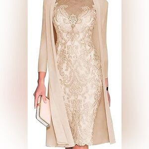 Chic Beige Lace Long Sleeve Dress